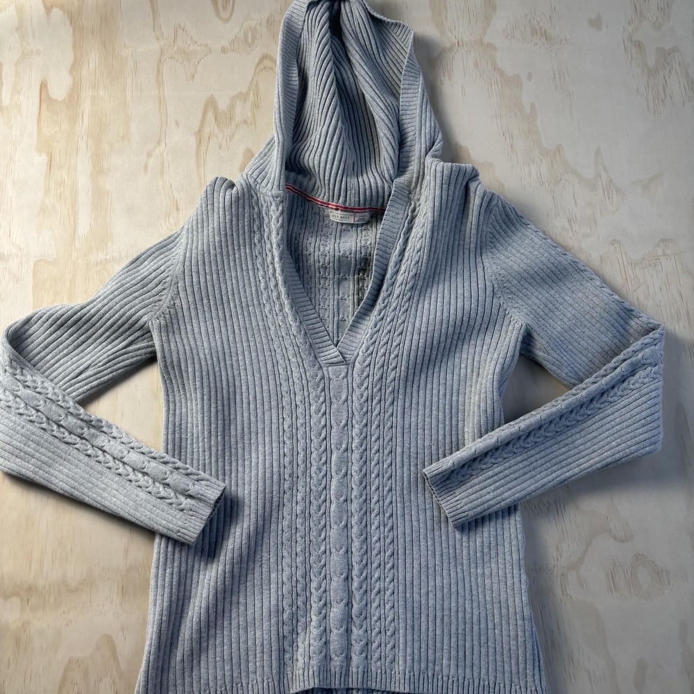 Vintage Old Navy Sweater Womens XL Gray Hooded V Neck Cable Knit Hong‎ Kong